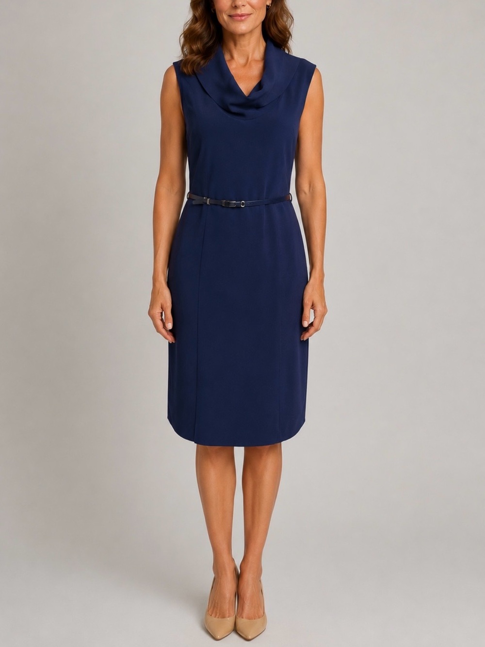 NWT Calvin Klein Sleeveless Navy Cowl Neck Sheath Dress, Large, Office Chic
